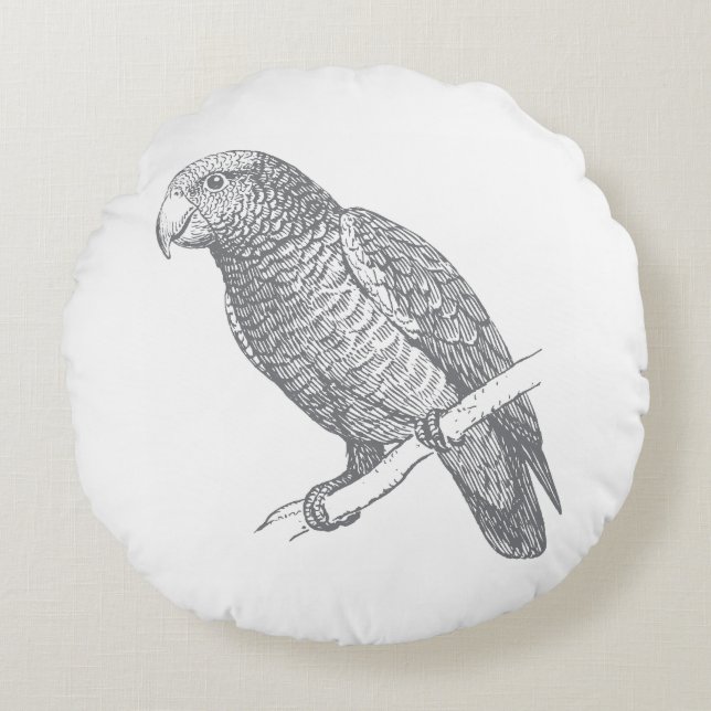 Line Art of Parrot (Gray) Fine Art Rond Kussen (Voorkant)