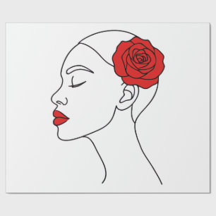 Line Art Portret van een vrouw met rode roos Cadeaupapier