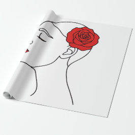 Line Art Portret van een vrouw met rode roos Cadeaupapier