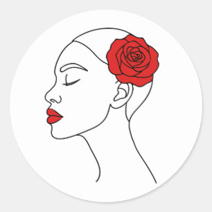 Line Art Portret van een vrouw met rode roos Ronde Sticker