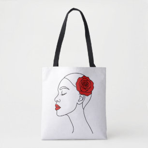 Line Art Portret van een vrouw met rode roos Tote Bag