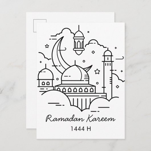 Line Art Ramadan Kareem - EID Mubarak-Briefkaart Uitnodiging Briefkaart (Voorkant / Achterkant)