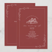 Line Art Rustic Barn Muted Red Wedding QR Kaart (Voorkant / Achterkant)