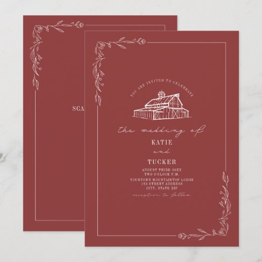Line Art Rustic Barn Muted Red Wedding QR Kaart (Voorkant / Achterkant)