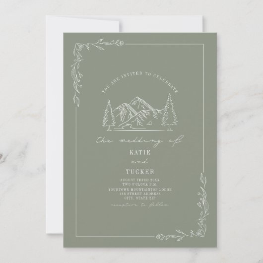 Line Art Rustic Mountains Sage Green Wedding Kaart (Voorkant)