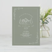 Line Art Rustic Mountains Sage Green Wedding Kaart (Staand voorkant)
