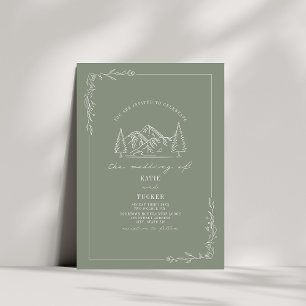Line Art Rustic Mountains Sage Green Wedding Kaart
