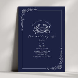 Line Art Rustieke Marine Blauwe Krab Strand Bruilo Kaart