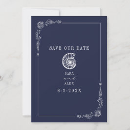 Line Art Seashell Donkerblauw rustiek strand bruil Save The Date