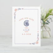 Line Art Seashell Rood & Blauw Rustiek Strand Brui Save The Date (Staand voorkant)
