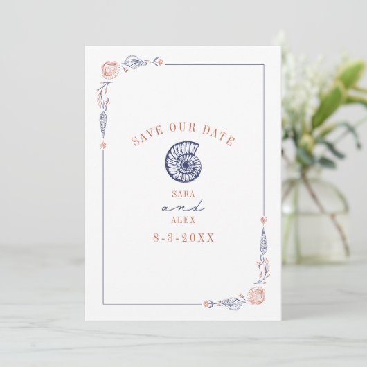 Line Art Seashell Rood & Blauw Rustiek Strand Brui Save The Date (Staand voorkant)