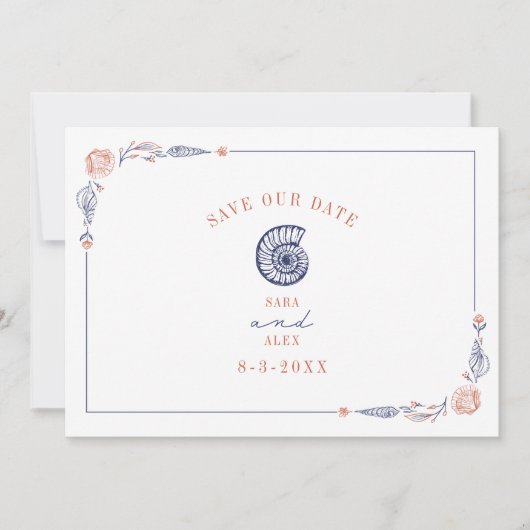 Line Art Seashell Rood & Blauw Rustiek Strand Brui Save The Date (Voorkant)