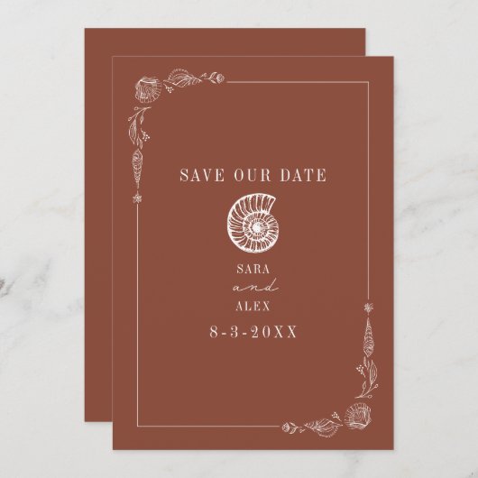 Line Art Seashell Terracotta Rustiek Strand Bruilo Save The Date (Voorkant / Achterkant)
