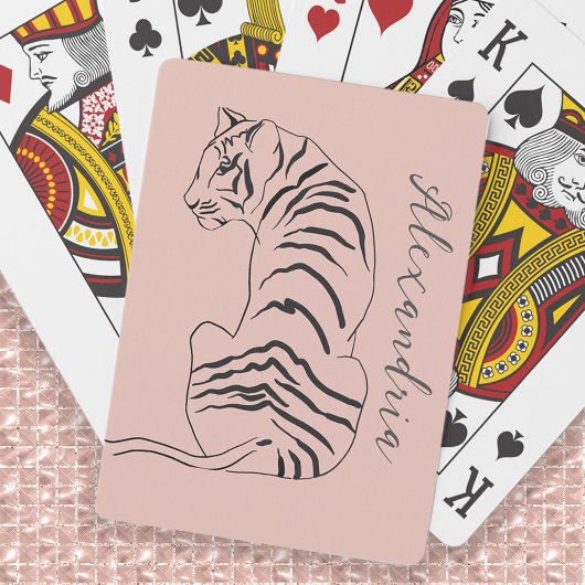Line Art Tijger Blush Roze Naam Pokerkaarten