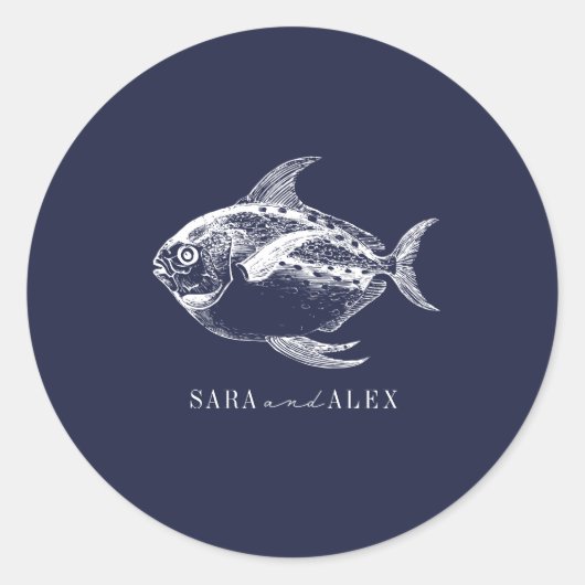 Line Art Vis Donkerblauw Strand Bruiloft Ronde Sticker (Voorkant)