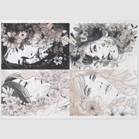 Line Art Vrouw Collage 1 Decoupage papier (Voorkant)