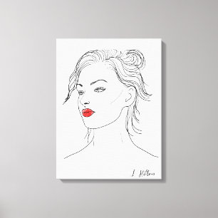 Line Art   Vrouw in Rode Lipstick Canvas Afdruk
