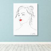 Line Art | Vrouw in Rode Lipstick Canvas Afdruk (Insitu (Houten vloer))