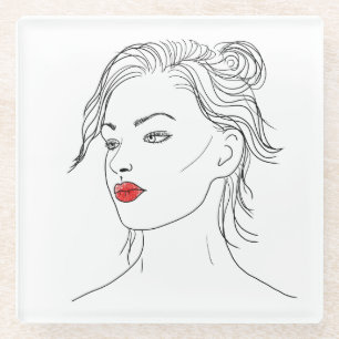 Line Art   Vrouw in Rode Lipstick Glazen Onderzetter