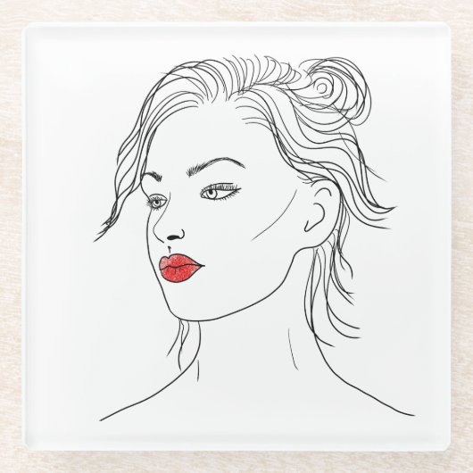 Line Art | Vrouw in Rode Lipstick Glazen Onderzetter (Voorkant)