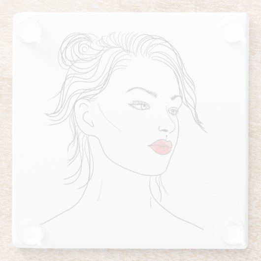 Line Art | Vrouw in Rode Lipstick Glazen Onderzetter (Achterkant)