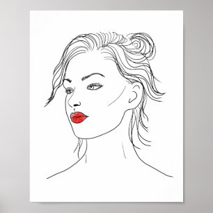 Line Art   Vrouw in Rode Lipstick Poster