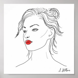 Line Art   Vrouw in Rode Lipstick Poster
