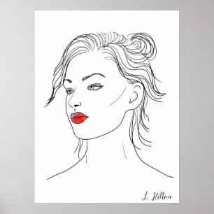 Line Art   Vrouw in Rode Lipstick Poster