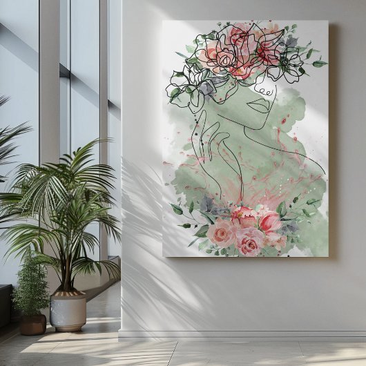 Line art vrouw met bloemen roze water spatten canvas afdruk