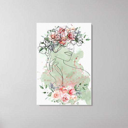 Line art vrouw met bloemen roze water spatten canvas afdruk (Voorkant)