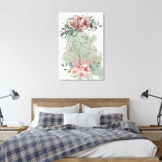 Line art vrouw met bloemen roze water spatten canvas afdruk (Insitu (Slaapkamer))