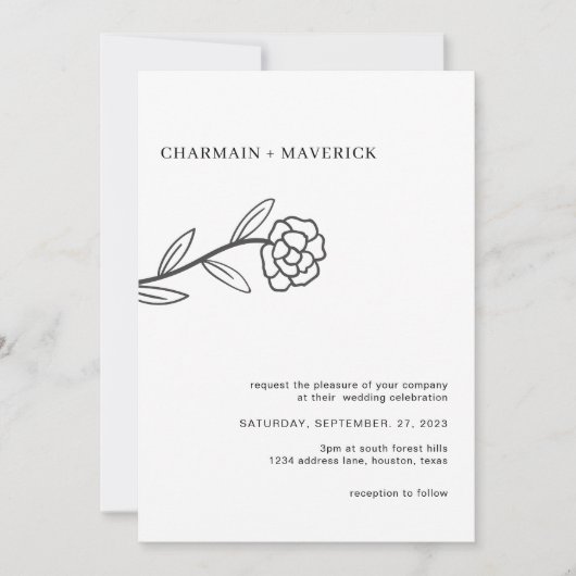 Line Art Wildflower Boho Zwart-wit Bruiloft Kaart (Voorkant)