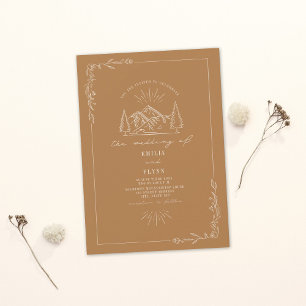 Line Art Woodland Mountain Goldenrod Wedding Kaart