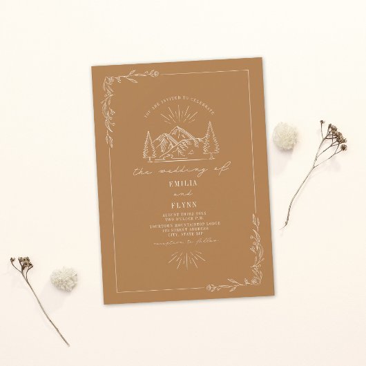 Line Art Woodland Mountain Goldenrod Wedding Kaart