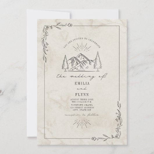 Line Art Woodland Mountain Wedding Kaart (Voorkant)