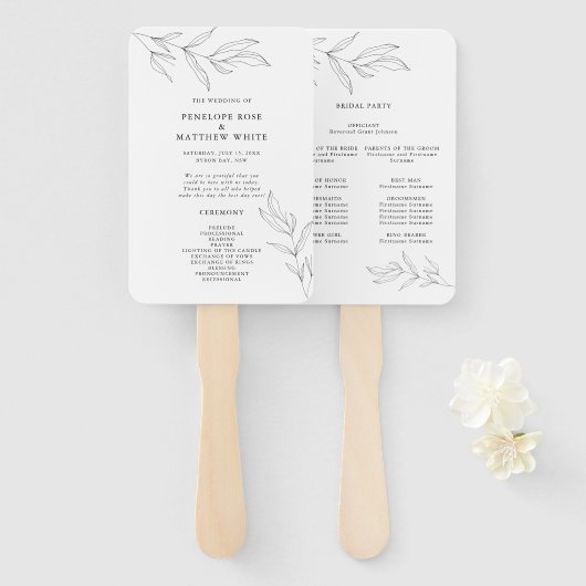 Line Drawing Foliage Ceremony Program Hand Fan Handwaaier (Voorkant en achterkant)