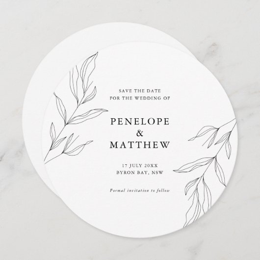 Line Drawing Foliage Leaf Round Wedding Invitation Feestdagenkaart (Voorkant / Achterkant)