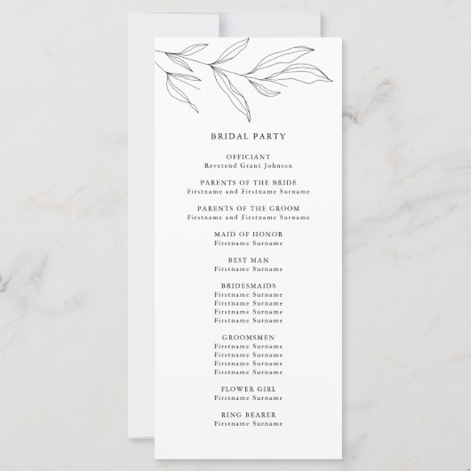 Line Drawing Foliage Leaf Wedding Ceremony Program (Achterkant)
