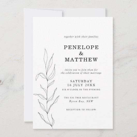 Line Drawing Foliage Leaf Wedding Invitation Kaart (Voorkant)