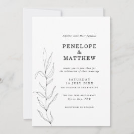 Line Drawing Foliage Leaf Wedding Invitation Kaart
