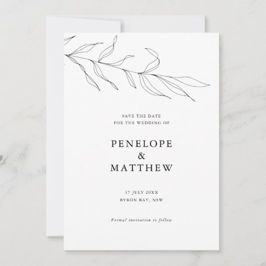 Line Drawing Foliage Leaf Wedding Invitation Kaart (Voorkant)