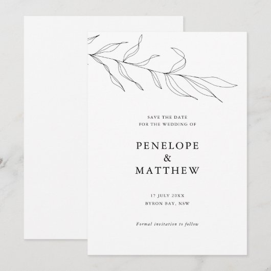 Line Drawing Foliage Leaf Wedding Invitation Kaart (Voorkant / Achterkant)