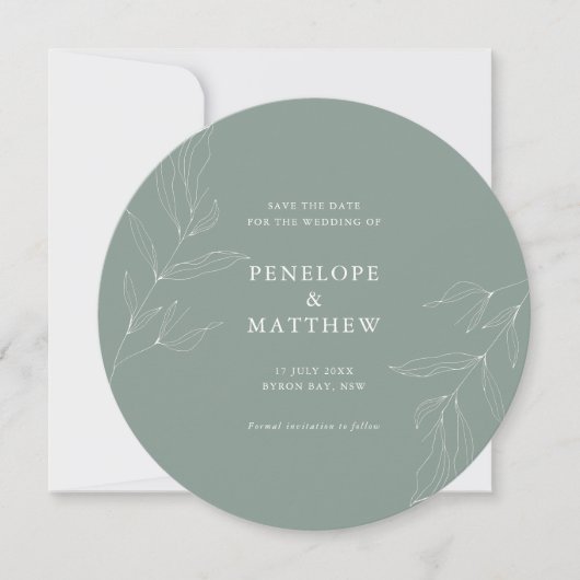 Line Drawing Foliage Sage Round Wedding Invitation Feestdagenkaart (Voorkant)
