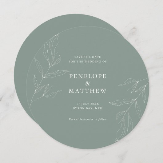 Line Drawing Foliage Sage Round Wedding Invitation Feestdagenkaart (Voorkant / Achterkant)