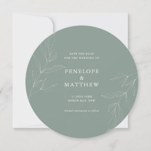 Line Drawing Foliage Sage Round Wedding Invitation Feestdagenkaart
