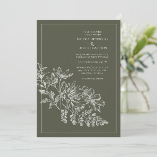 Line Drawing Forest Green Wedding Kaart (Staand voorkant)