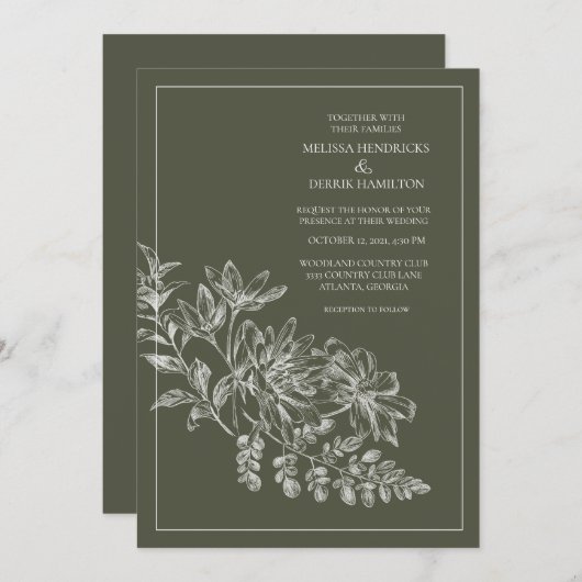 Line Drawing Forest Green Wedding Kaart (Voorkant / Achterkant)