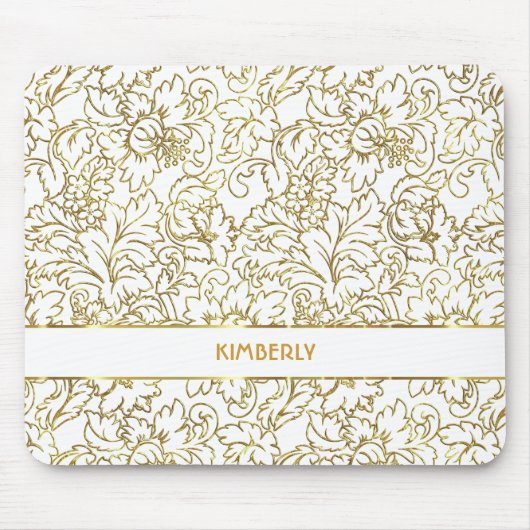 Line Drawing Gold Floral Damascus White Achtergron Muismat (Voorkant)