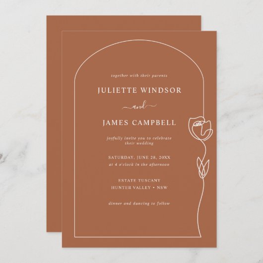 Line Drawing Roos Flower Terracotta Wedding Kaart (Voorkant / Achterkant)