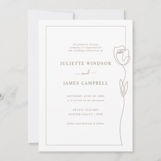 Line Drawing Roos Flower Wedding Invitation Kaart (Voorkant)